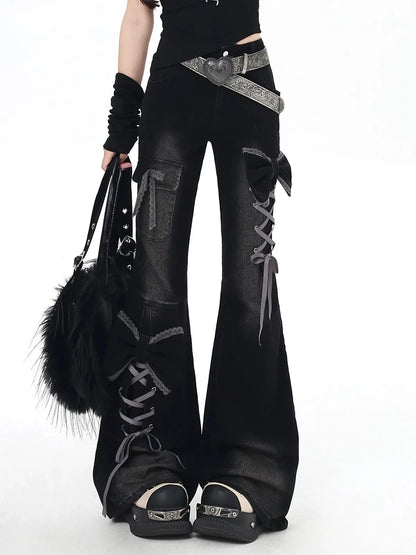 Y2K Bow Jeans Women 3D Design High Waist Slim Fit Flared Pants Spicy Girl