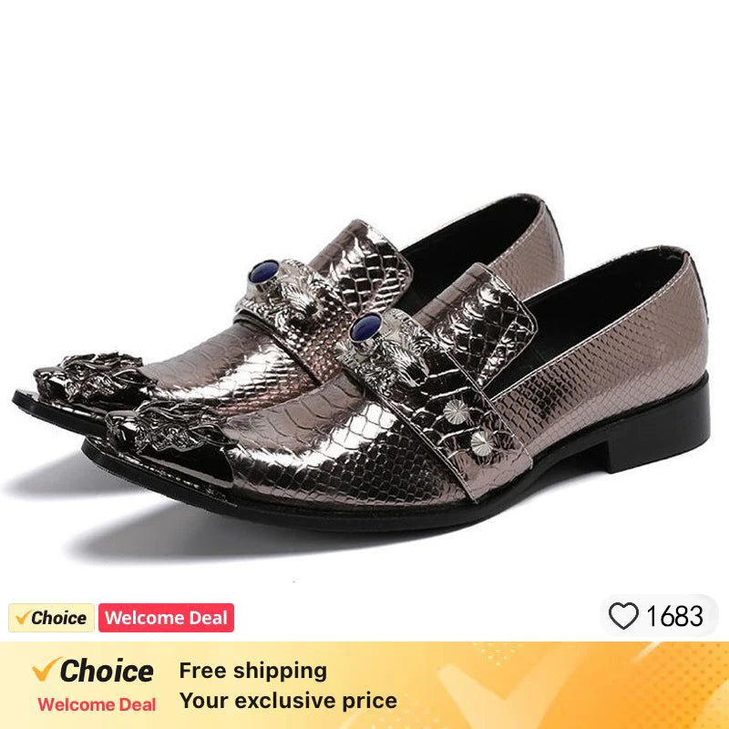 Fashion Gentleman Dressing Shoes Metal Pointed Toe Patchwork Crystal Designer Wedding Party Brand Customized Shoes Men Plus Size
