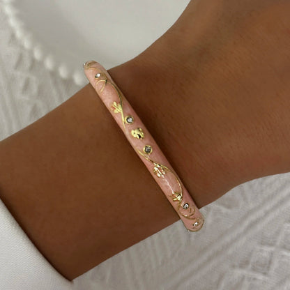 Elegant Enamel Dropped Glaze Flower Texture Bracelet For Women Retro Gold Plated Evil Eye Floral Zircon Bangle Party Jewelry