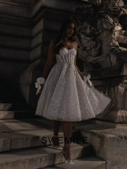 Glitter Wedding Dresses Sweetheart Prom Dresses Short Mini Bridal Gowns After Party Bride Robes Vestidos De Novia Customized