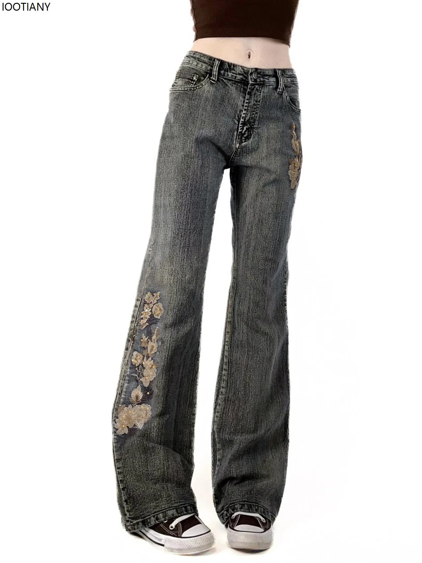 Retro Floral Embroidered Low-rise Flared Jeans Retro Street Low-rise Slim Jeans Harajuku Style Y2k Aesthetic Women's Pants 2025