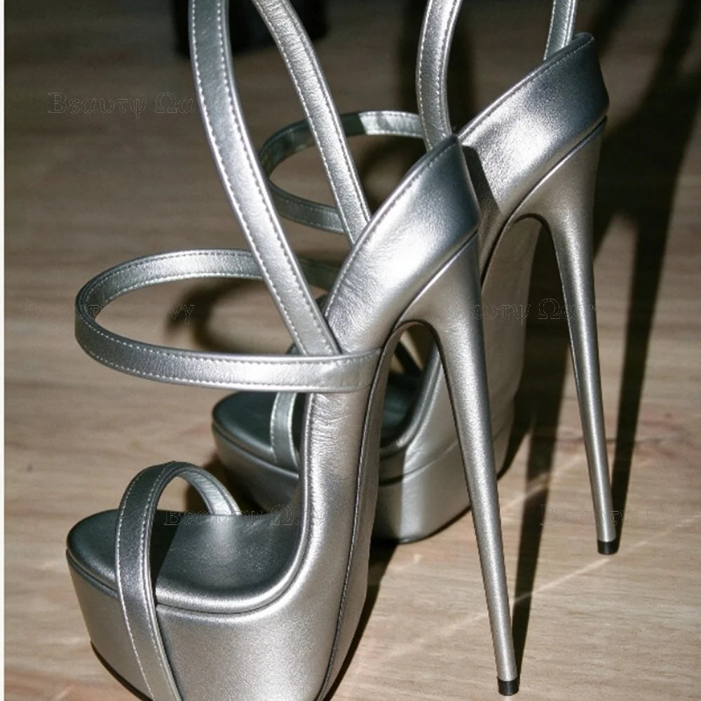 Gold Solid Platform Round Toe Shoes Cut Heel Sandals Women Shoes Ankle Band Spike High Heel Shoes for Girls Zapatos Para Hombres
