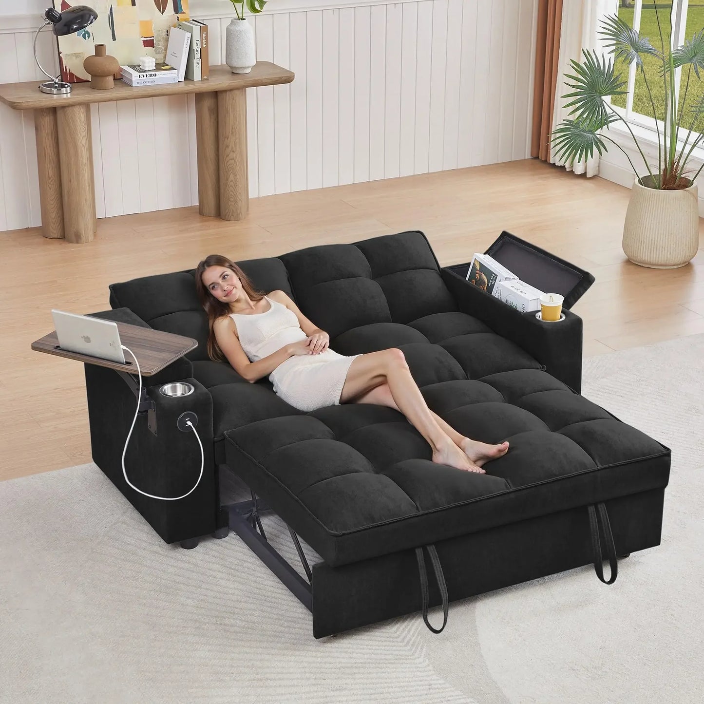 hansones 65'' 3-in-1 Folding Convertible Sofa Bed, Pullout Sofa, Modern Chenille Fabric, 360° Swivel Side Table, Easy Assembly,