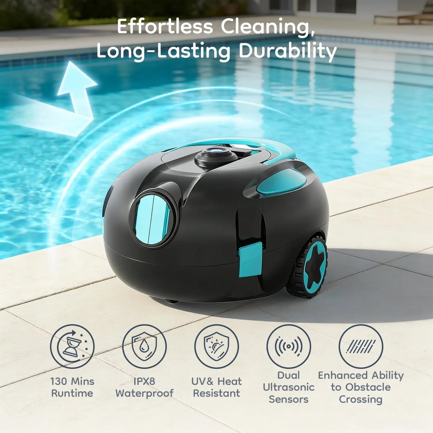 Cordless Robotic Pool Cleaner Featuring an Ultra-Long 160-Minute Battery Life, IPX8 Waterproof Rating, and Powerful Suction; Capable of Cleaning Pools up to 1,100 Square Feet, It Comes with a Retrieval Rope and Cleaning Brush