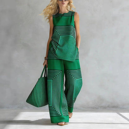 2026 New Women's Summer Fashion Casual Sets Loose Striped 2 Piece Set Sleeveless Vest Tops High Waisted Wide Leg Pants Suits For