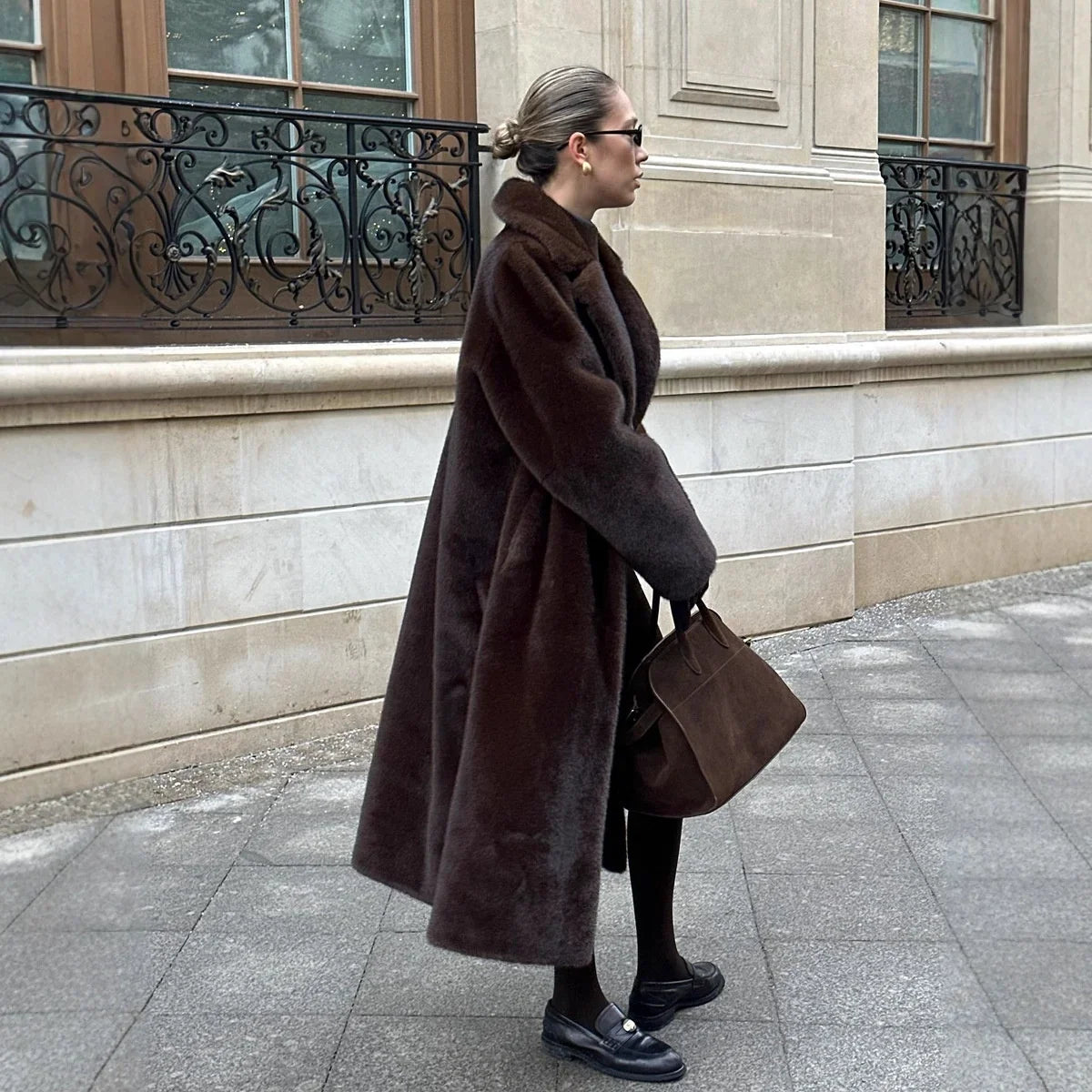 Women Elegant Solid Color Faux Fur Long Coat Notched Collar Belted Waist Loose Oversized Warm Winter Street Thick Outerwears New