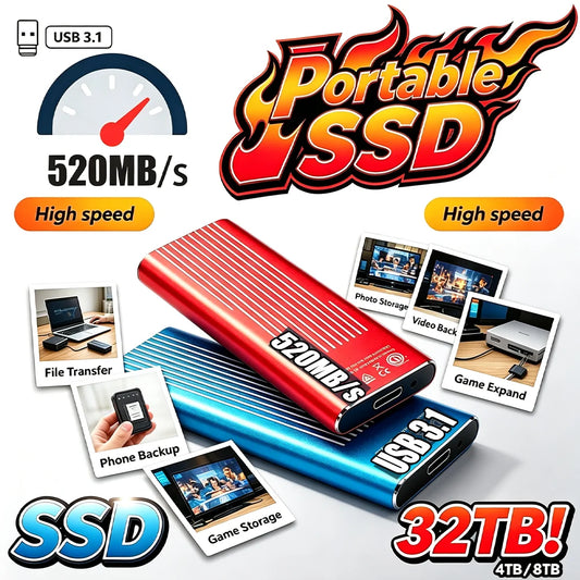 Portable Solid‑State External Hard Disk 2TB High‑Speed SSD 64TB Mass Storage Drive USB 3.1 Type‑C for Computer Laptop/Mac/Phone