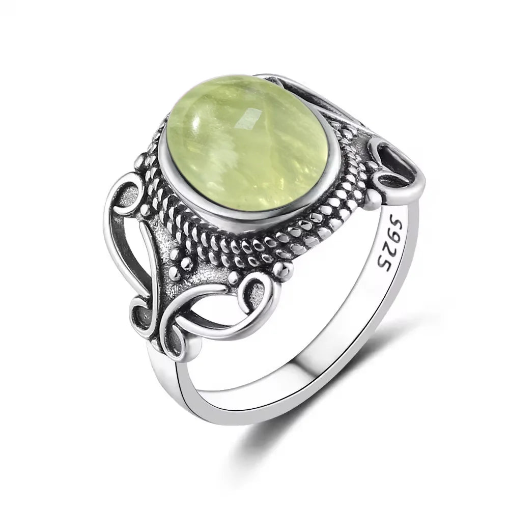 925 Sterling Silver Ring With Natural Prehnite Stone 8*10mm Oval Shape With Crystal Flower Design Gifts Fine Jewelry For Women