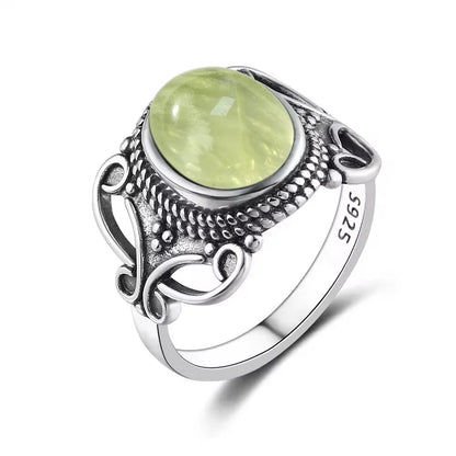 925 Sterling Silver Ring With Natural Prehnite Stone 8*10mm Oval Shape With Crystal Flower Design Gifts Fine Jewelry For Women