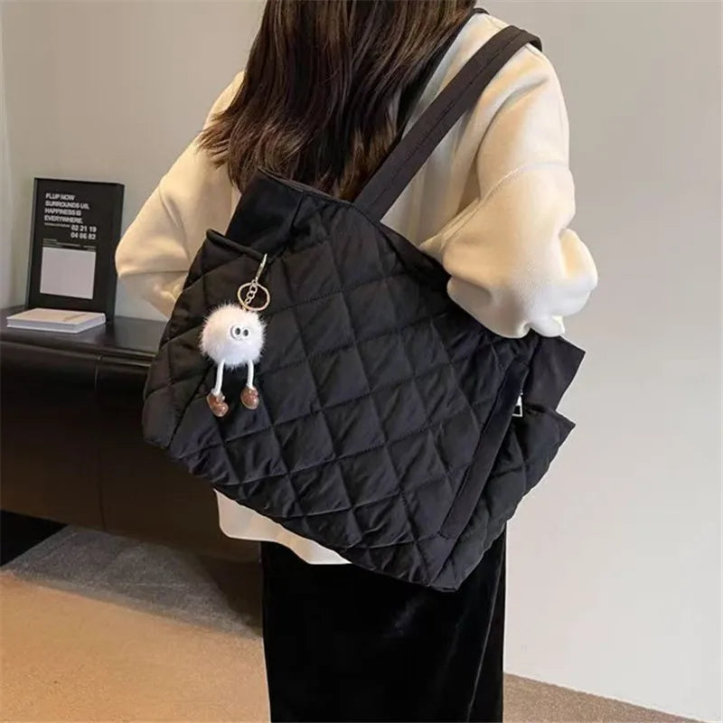 Women's Black & Beige Rhombus Quilted tote bag, Large Capacity Handbag shoulder bag with Quilted Purse for Travel Everyday Use