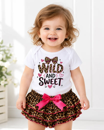 Baby Girl 2Pcs Outfit Wild And Sweet Leopard Print Short Sleeve Bodysuit Ruffle Leopard Skirt Shorts Set Newborn Summer Clothes