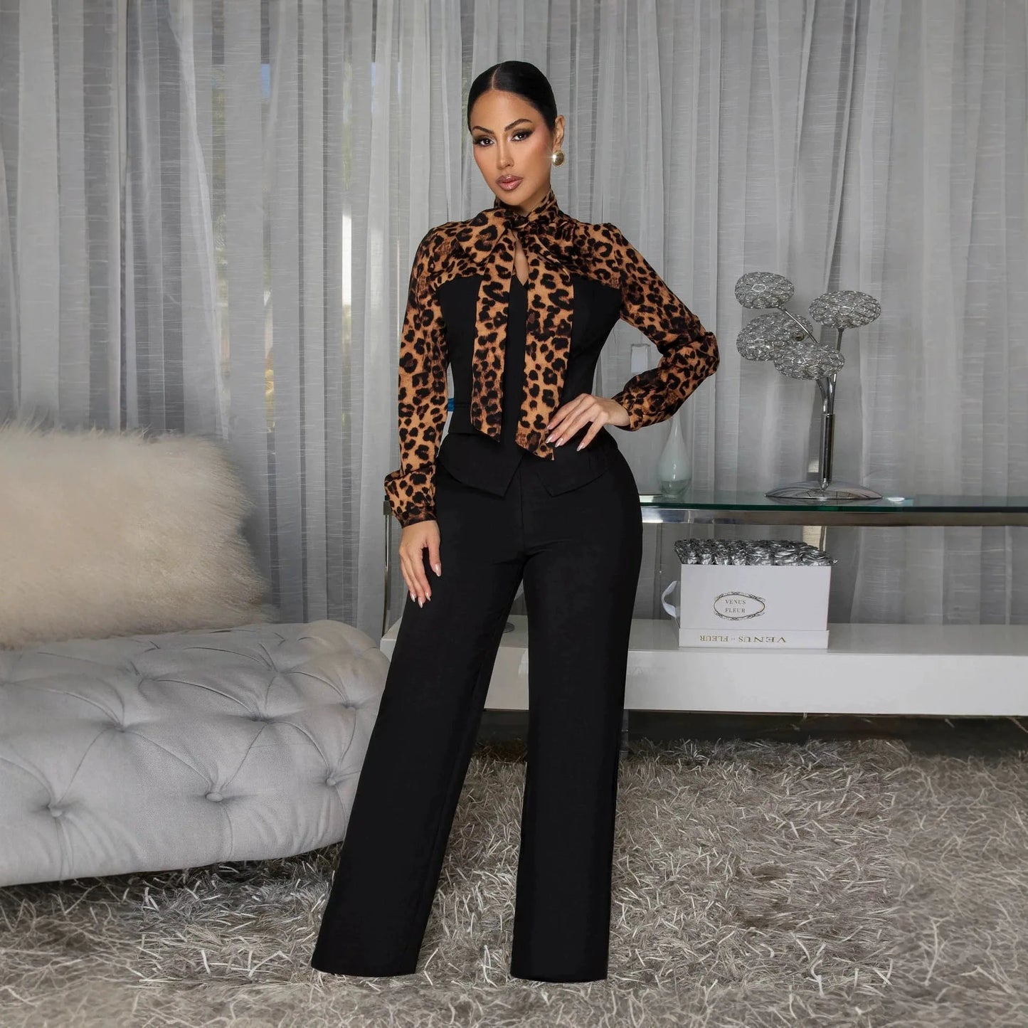 2 Pcs Women Chic Pants Suit Casual Leopard Patchwork Slim Top+ High-waist-drooping Wide-leg Long Pants Fashion Autumn Suits Set