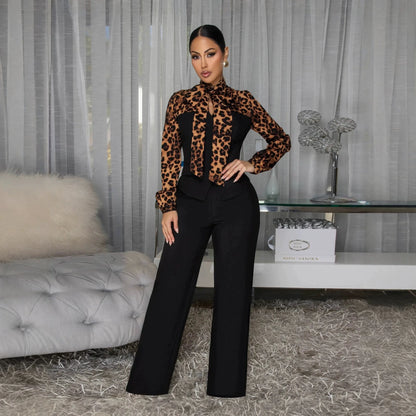 2 Pcs Women Chic Pants Suit Casual Leopard Patchwork Slim Top+ High-waist-drooping Wide-leg Long Pants Fashion Autumn Suits Set