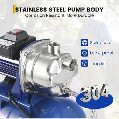 1.6HP Stainless Steel Shallow Well Jet Pump with Pressure Tank – 1320 GPH, 115V, 164 ft Lift, Automatic Water Booster for Home / Farm / Garden (Blue)