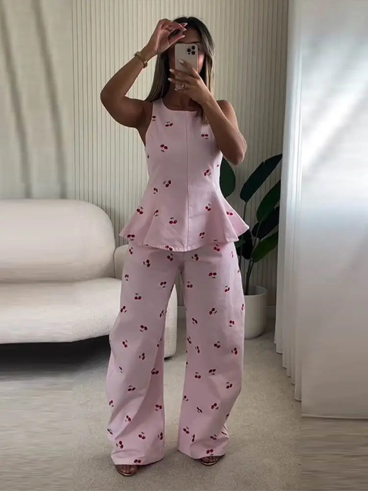 Casual Printed Women's Top Trouser Suits Sleeveless O-Neck Wide Leg Pants Lady Set 2026 Summer Vacation 2 Pieces Set Women New