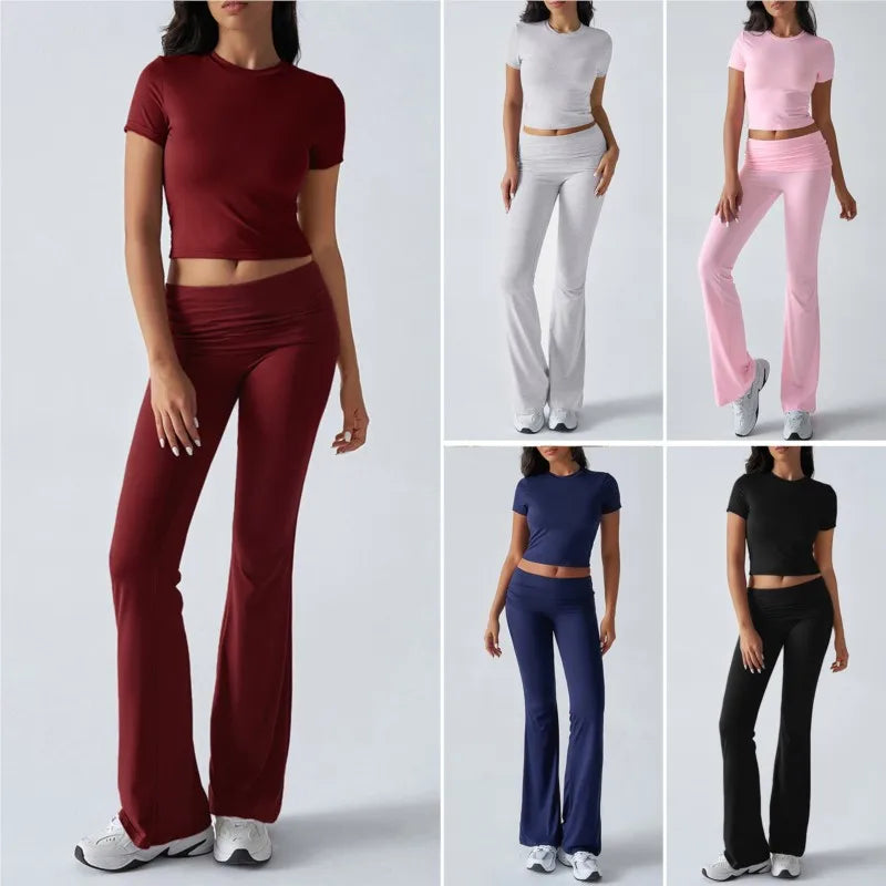 Women's Sexy Tops Suits 2026 Summer Latest Casual Solid Color Yoga Suit Slim Fit Sports Short Sleeved Pants Two-Piece Set Outfit