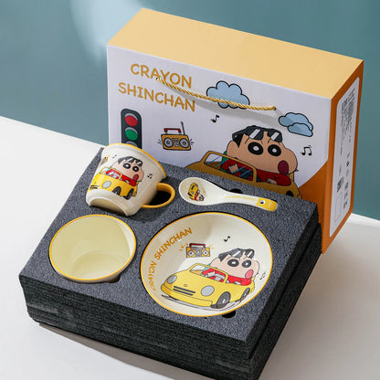 New 1Set/4Pcs Cute Cartoon Anime Crayon ShinChan Ceramics Gift Box Set Kawaii Rose Bowl Plate Spoon Cup childen Birthday Gift