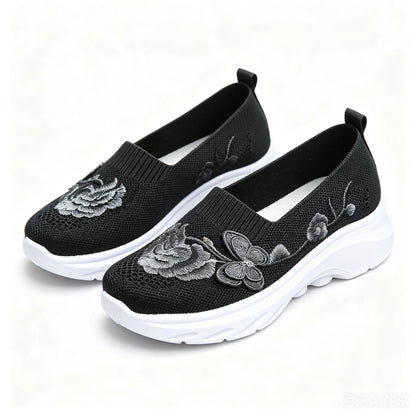 2026 Summer Women Breathable Knit Floral Embroidery Platform Loafers Slip On Walking Shoes Lightweight Soft Cushion Insole Anti Slip Wedge Sole Comfort Casual Daily Outdoor Travel Nurse Footwear Black Khaki Green Multiple Siz