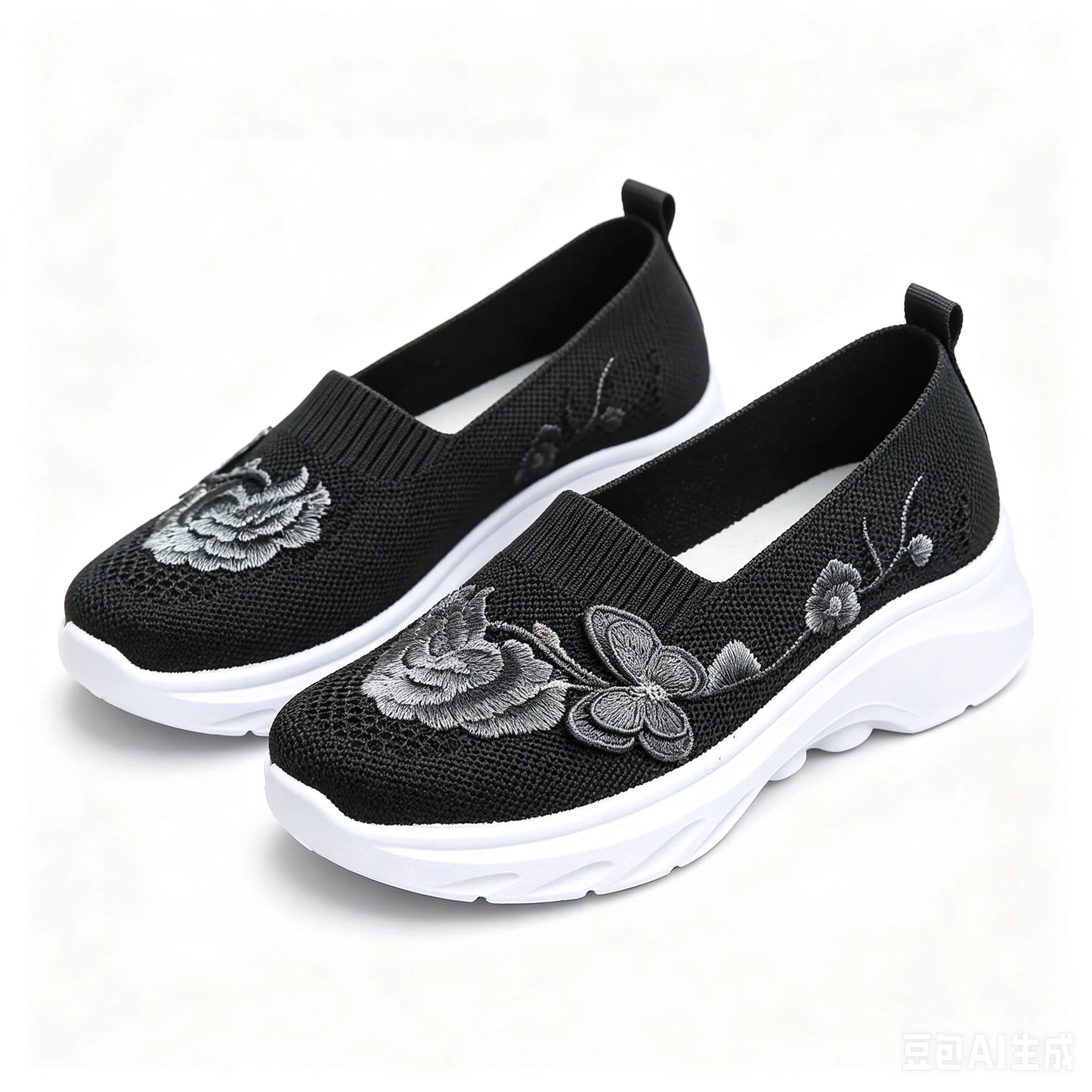 2026 Summer Women Breathable Knit Floral Embroidery Platform Loafers Slip On Walking Shoes Lightweight Soft Cushion Insole Anti Slip Wedge Sole Comfort Casual Daily Outdoor Travel Nurse Footwear Black Khaki Green Multiple Siz