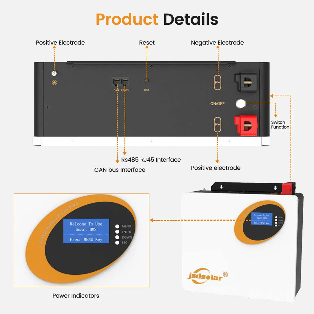 Jsdsolar 25.6V 100Ah LiFePO4 Battery 100A BMS 2560Wh Solar Lithium Iron Phosphate Battery 6000+ Cycles CAN RS485  For Solar Power System