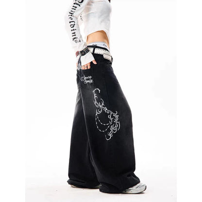 YIBASHU Women Vintage Embroidery Y2K Baggy Jeans Female High Waist 2000s Wide Leg Denim Pants American Retro Harajuku Trouser