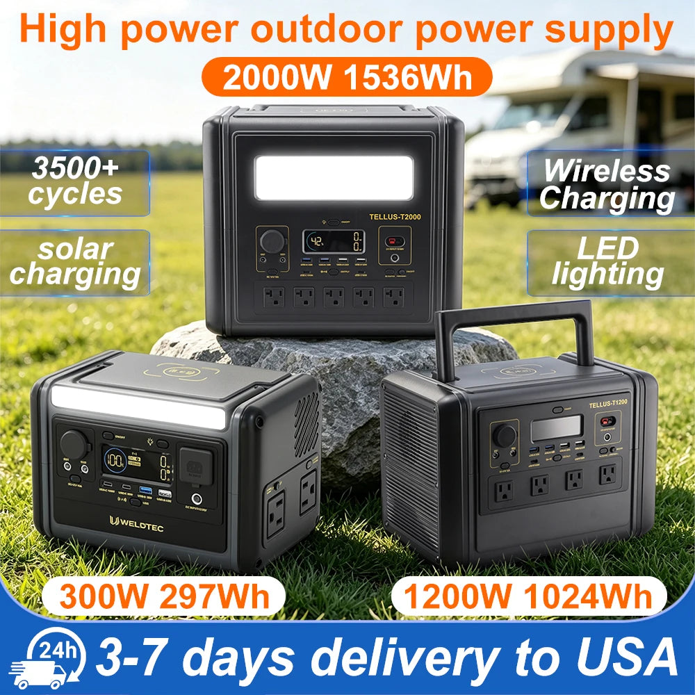 GSIKE Portable Power Station LiFePO4 Solar Generator Pure Sine Wave 110V AC Outlet 300W 1200W 2000W Option for Camping RV Home Blackout Emergency Backup
