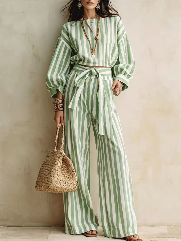 Women New Striped Long-sleeved Shirts Trousers 2piece Set Fashion Casual Ultra-short Top Waisted Lace-up Loose Wide-leg Long Set