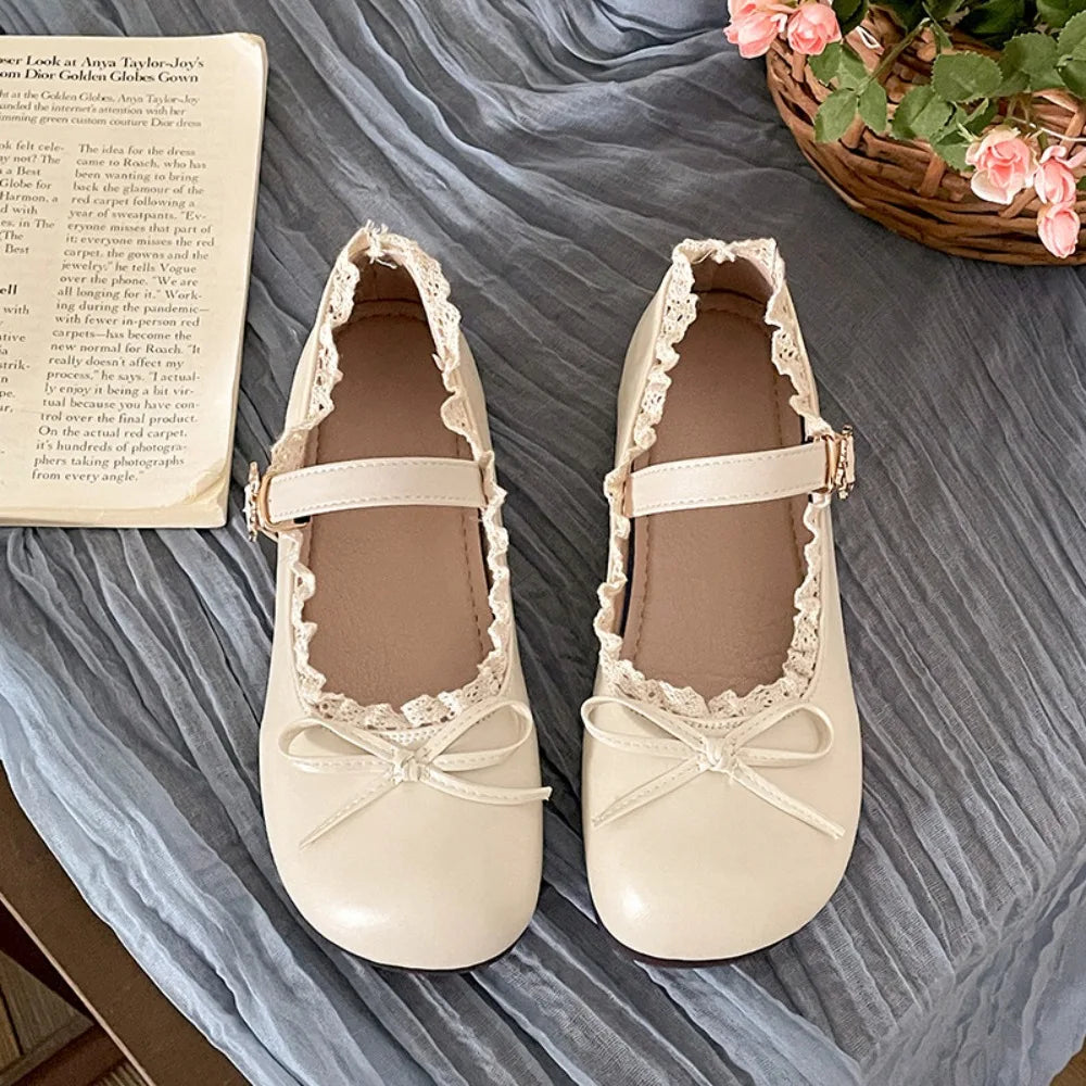 Lolita PU Leather JK Flat Shoes Bow Sweet Slip On Loafers Soft Sole Lace Ruffled Mary Jane Shoes Women