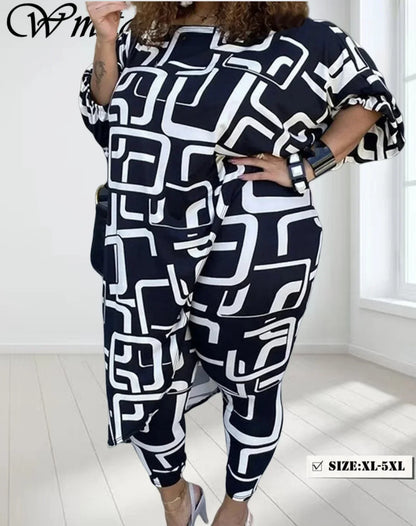 Wmstar Women Two Piece Set Plus Size  Fall Clothes Casual Long Sleeve Shirt Suit Wide Leg Pants Outfits Wholesale Dropshipping