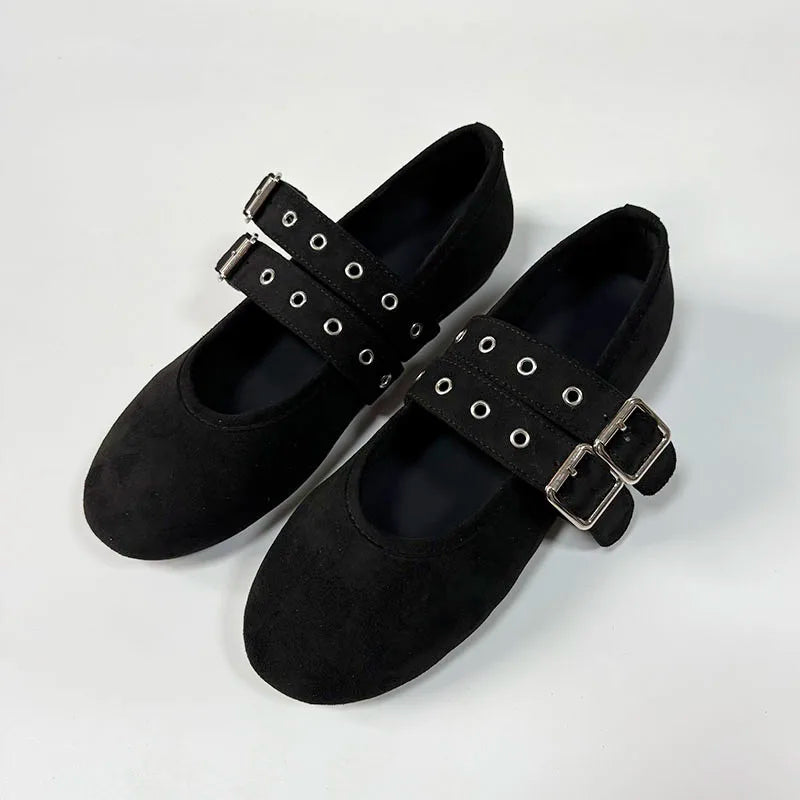 New Fashion Buckle Strap Footwear Flock Ballet Flats Women Dance Shoes Female Round Toe Ladies Mary Janes Flats Lolita Shoes