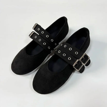 New Fashion Buckle Strap Footwear Flock Ballet Flats Women Dance Shoes Female Round Toe Ladies Mary Janes Flats Lolita Shoes