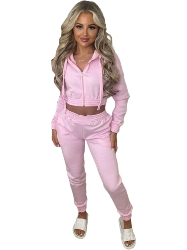 Fleece Hooded Sweatshirt Short Hooded Women's Suit Autumn Winter New Casual Zipper Hoodie Sports Jogging Pants Female 2piece Set