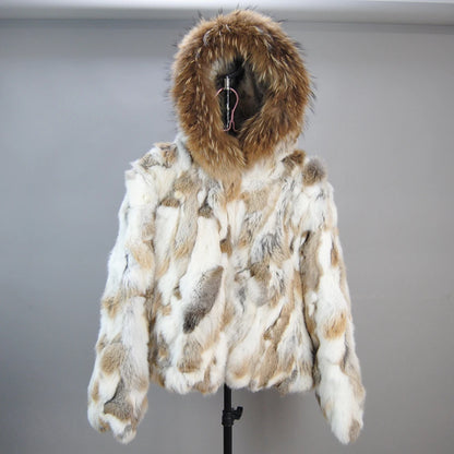 New Russian Women Real Rabbit Fur Coats Winter Warm 100% Natural Rabbit Fur Jacket Lady Warm With Raccoon Fur Hooded Outerwear