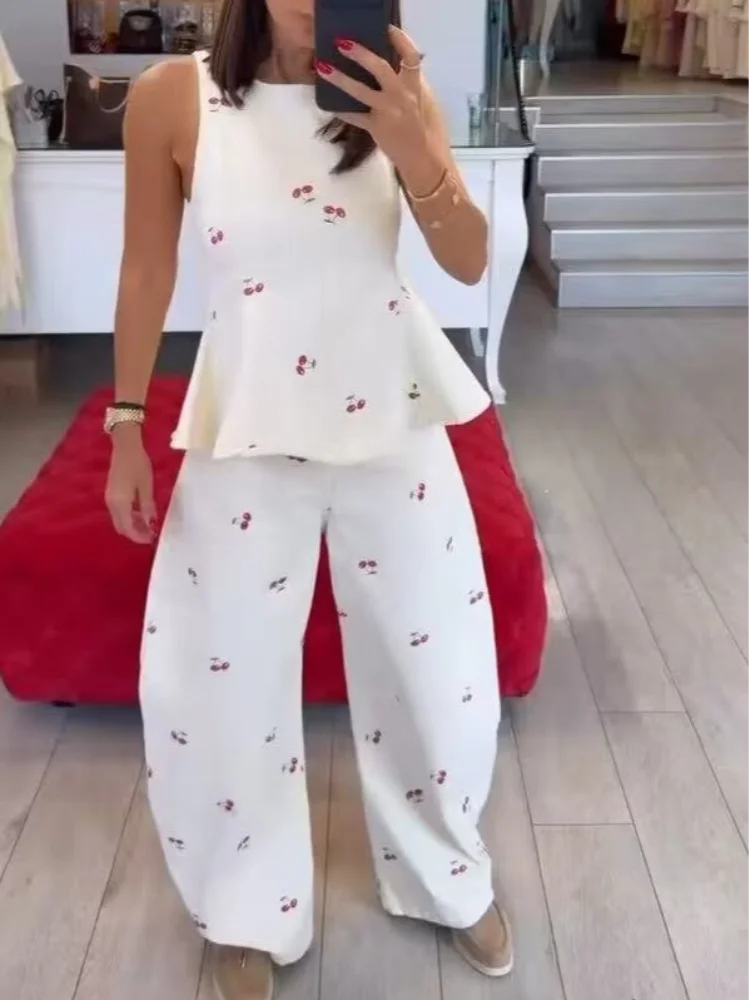 Denim Printed Sleeveless Pants  2-piece Set Women's Elegant Round Neck Fashion Short Shirt Long Pants Suit 2026 Street Outfit
