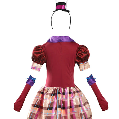 Girls fancy dress costume set includes plaid dress, bow tie, long arm sleeves and bunny ear top hat headband for Halloween and theme party dress up