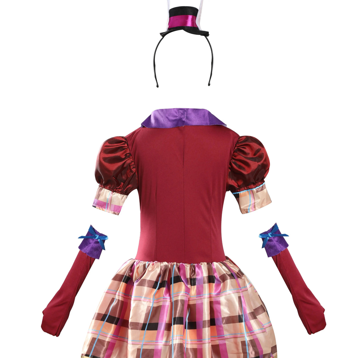 Girls fancy dress costume set includes plaid dress, bow tie, long arm sleeves and bunny ear top hat headband for Halloween and theme party dress up