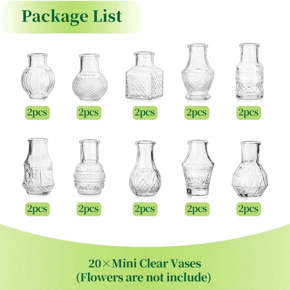 10/20Pcs Mini Glass Vase Modern Clear Hydroponic Flower Vase Retro Relief European Home Desktop Scene Wedding Party Decoration