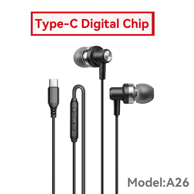 9D HIFI Heavy Bass Gaming Headphones Type-C Digital Chip Metal Magnetic Music Earbuds with Microphone In-Ear Headphone Universal