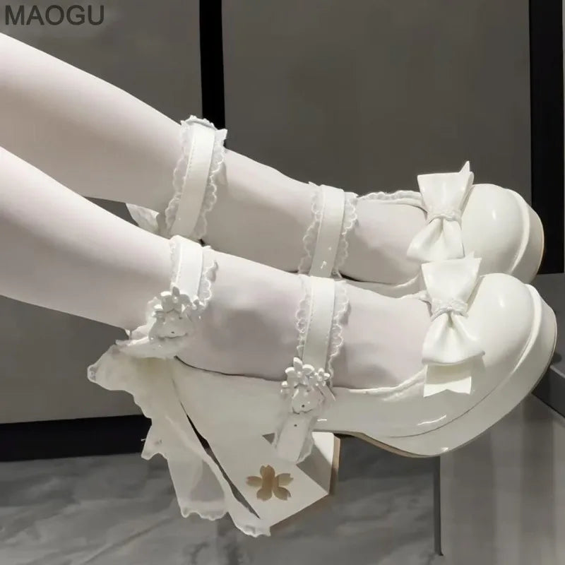 Lovely Girls Pink Lolita Butterfly Knot High Heels Platform Shoes for Women Cute Sakura Dress Mary Janes Beige Size 34-42