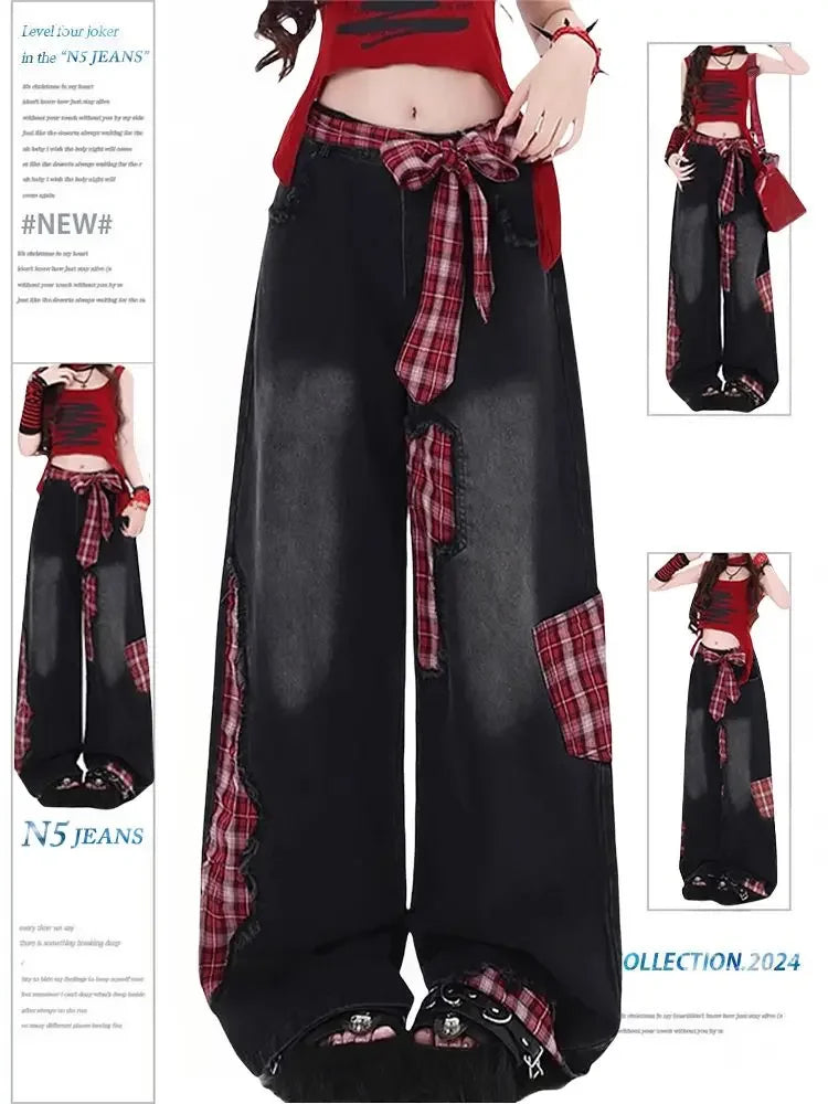 Retro Black Bow Tie Strap Patchwork Jeans Checkered Sweet Women Trouse High Waisted Loose Wide Leg Casual Y2K Denim Pants