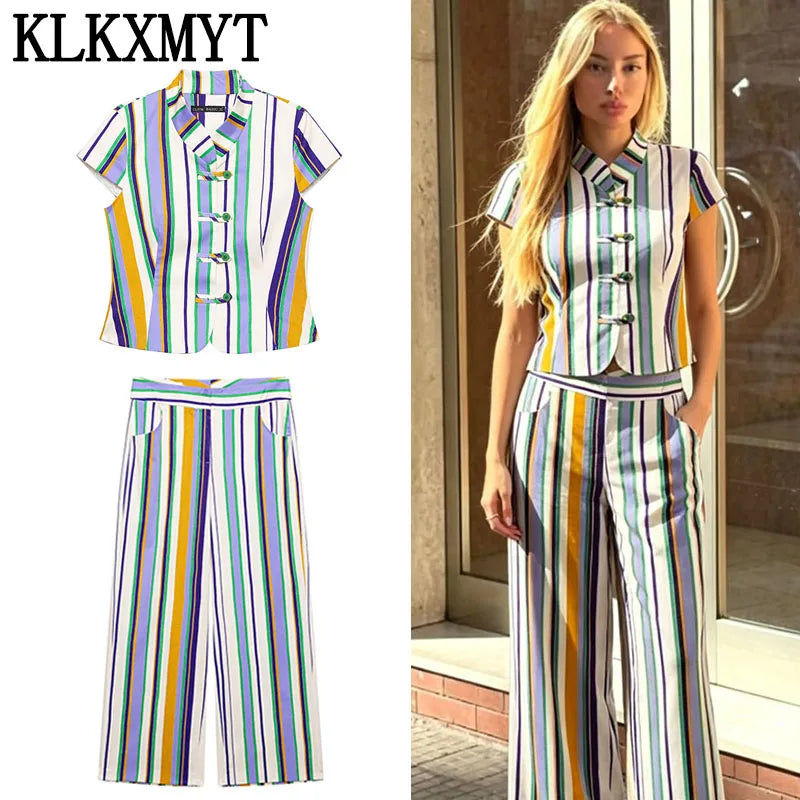KLKXMYT Chic Stripe Pants Set Women Sleeveless Short Shirt Top Straight Trousers Suits 2026 Summer Woman Outfits ﻿