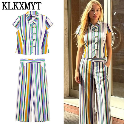 KLKXMYT Chic Stripe Pants Set Women Sleeveless Short Shirt Top Straight Trousers Suits 2026 Summer Woman Outfits ﻿