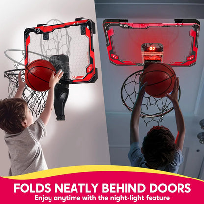 JOYFY Mini Indoor Basketball Hoop Light Up Over The Door Basket Ball Hoop for Kids Toys Birthday Gifts with Scoreboard & 4 Balls