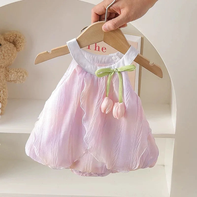 Adorable 0-24M Baby Girls Tulip Decor Bodysuit Summer Halter Sling Princess Romper Dress Soft Breathable Newborn Girls Onesie