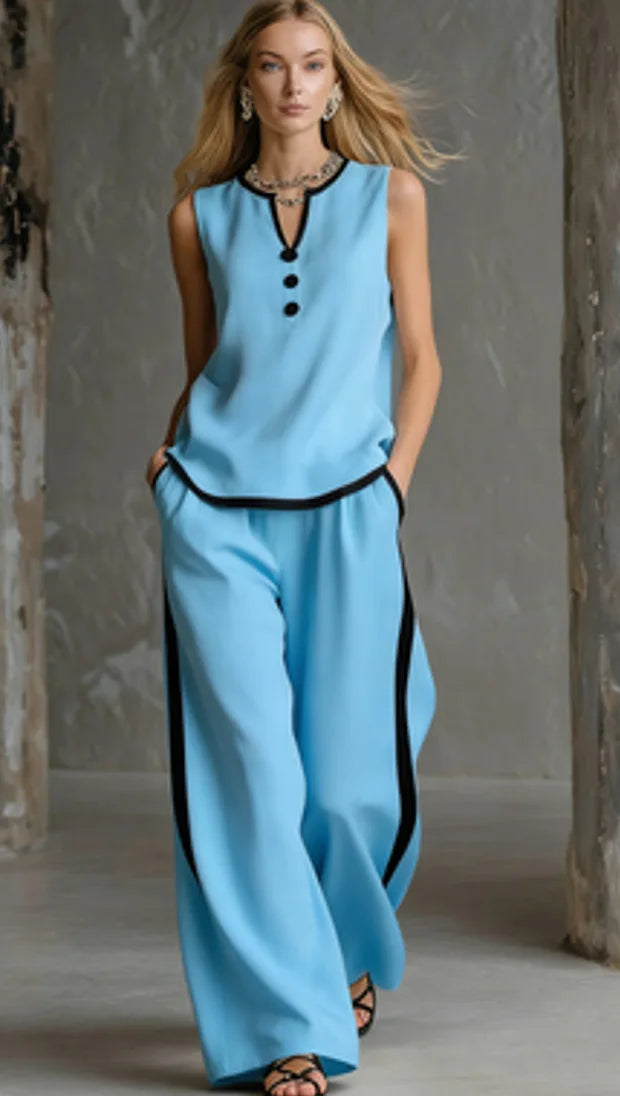 Casual Women Color Blocking Loose Sleeveless Button Vest Elastic Waist Wide-leg Pants Two Peice Set Summer V-Neck Ladies Outfit