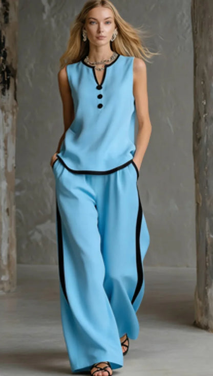 Casual Women Color Blocking Loose Sleeveless Button Vest Elastic Waist Wide-leg Pants Two Peice Set Summer V-Neck Ladies Outfit