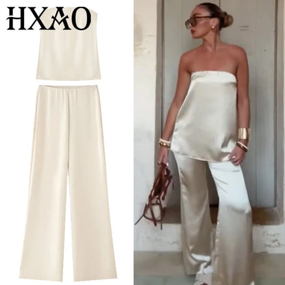 HXAO Satin Pant Sets Women's Two Pieces Set Strapless Off Shoulder Tube Vest 2 Piece Sets Woman Outfit High Waist Trousers Sets