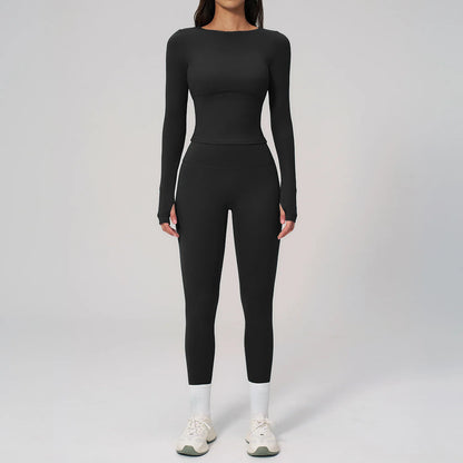 Two Pieces Yoga Set Slim Long Sleeved Gym Set High Elasticity Leggings Sportswear Women's Fitness Cycling Pilates Sports Suits