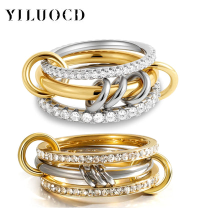 New Stainless Steel Cubic Zirconia Stackable Rings for Women 18k GoldPlating Multi-Link Connected Statement Ring Stack Jewelry