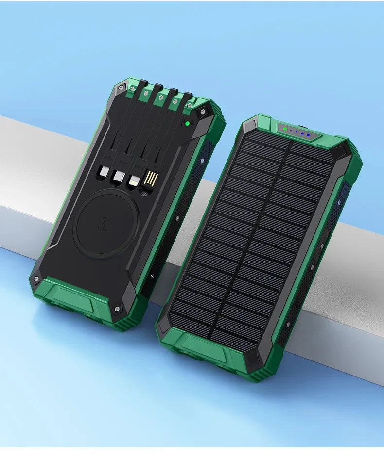50000mAh Solar Power Bank Fast Charging Portable Charger with Built-in Cables Wireless Outdoor Battery Pack